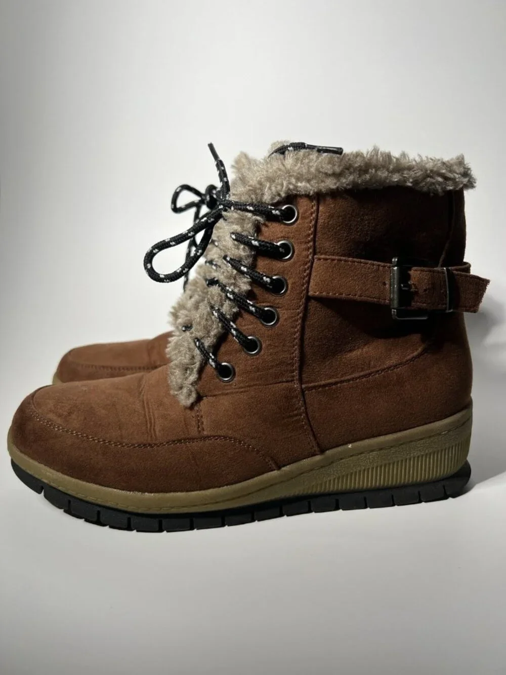 JustFab Women’s Tall Boots Size 7 Brown Faux Leather Lace-Up Buckle